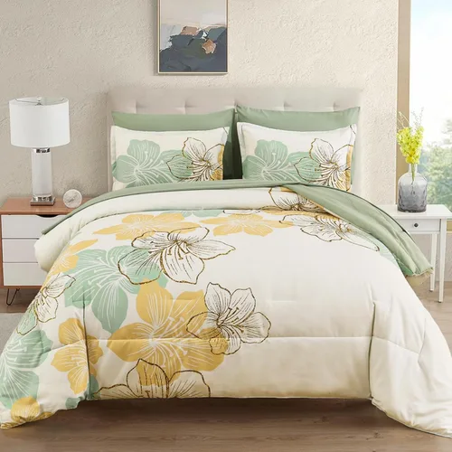 Vista 31 de Luxudecor Juego de edredón floral tamaño individual, 6 piezas de cama en una bolsa, edredón floral azul y juego de sábanas, juego de ropa de cama