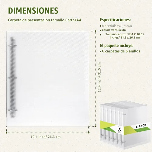Vista 5 de Crtiin - Paquete de 6 carpetas transparentes de 3 anillas, carpeta