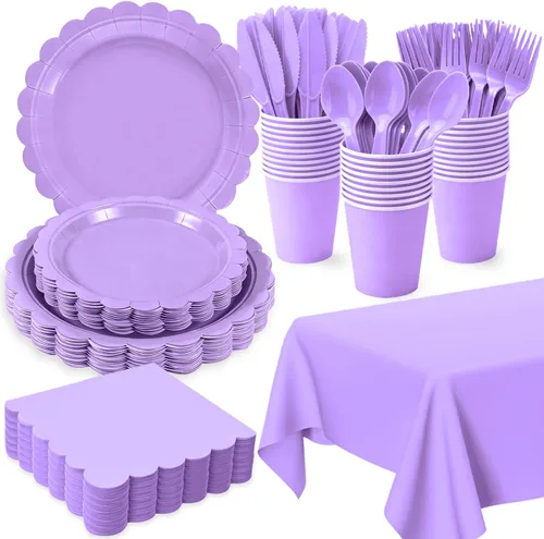 Vista 8 de 176 platos y servilletas color marfil, platos festoneados beige, servilletas, vasos, cubiertos, mantel para baby shower, boda, decoración de fiesta