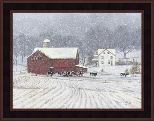 Vista 2 de The Home Place por Bonnie Mohr - Impresión artística de granja lechera de vacas de ganado de 16 x 20 pulgadas, diseño de granero rojo y nieve