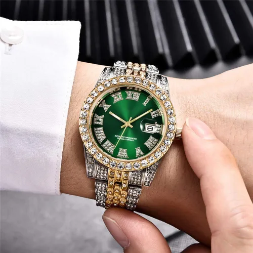 Vista 4 de Relojes de hip hop para hombre, relojes de cuarzo de lujo con diamantes brillantes con fecha