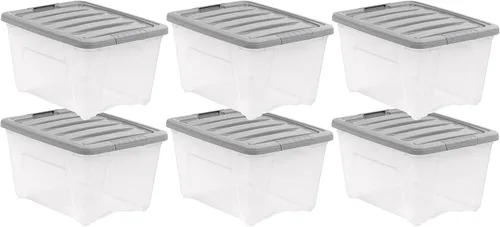 Vista 11 de Amazon Basics Contenedores de almacenamiento de plástico con tapas de cierre seguro, cubos organizadores apilables, transparente/gris, 5 cuartos