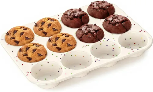 Vista 10 de Molde de silicona para muffins para hornear: Molde para muffins de 12 cavidades con marco reforzado de metal, moldes de tamaño regular para cupcakes