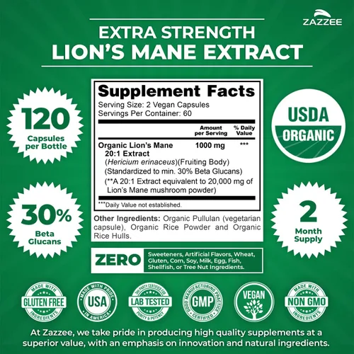 Vista 3 de Zazzee USDA Organic Lion's Mane 20:1 Extracto 20:1, 1000 mg por porción, 30% beta-glucanos, 120 cápsulas veganas, nootrópico para la salud cerebral