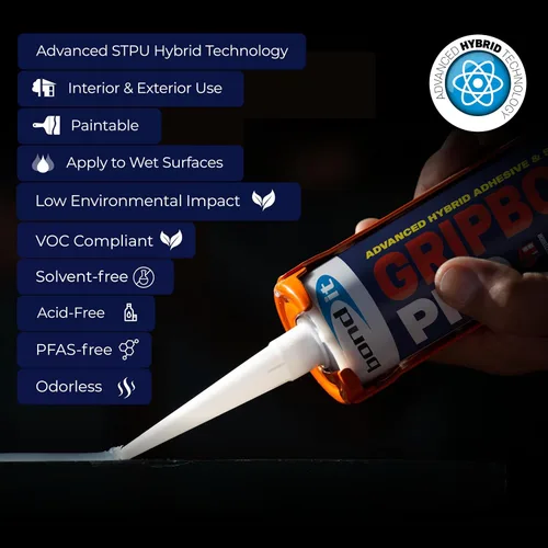 Vista 2 de Bond It Gripbond PRO, sellador y adhesivo híbrido avanzado, compuesto de unión elástica impermeable pintable, sin disolventes, reparación