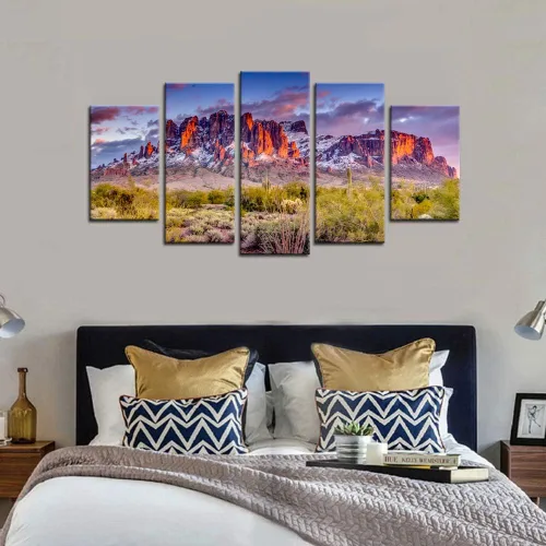Vista 5 de Biuteawal - Superstición Montañas Puesta de sol Arizona Arte de pared occidental desierto cactus paisaje, pinturas de lienzo, imágenes