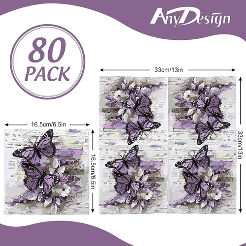 Vista 2 de AnyDesign 80 servilletas de papel de mariposa desechables de mariposas moradas, servilletas de almuerzo, estilo pintura al óleo, postre y cena
