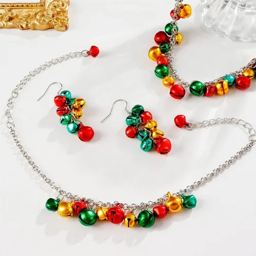 Vista 5 de Collar de Navidad, joyería de Navidad para mujer, aretes de lazo de Navidad, collar, pulsera, conjunto de joyas de cascabel, juego de joyas
