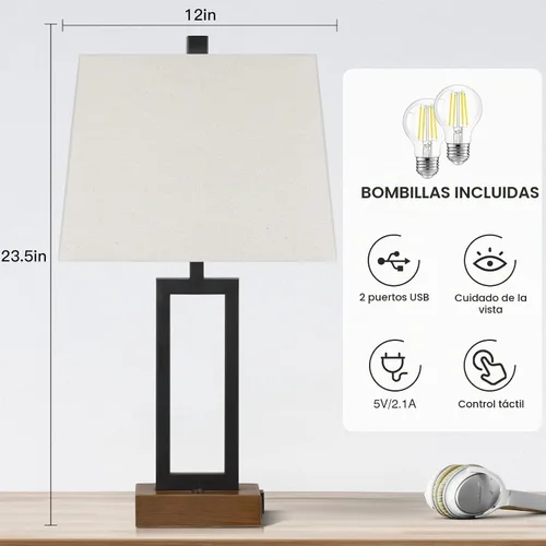 Vista 4 de Rinweey Juego de 2 lámparas de mesa de 23.5 pulgadas, modernas lámparas de noche negras con 2 puertos USB y salida de CA, lámparas de mesita