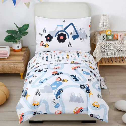 Vista 22 de PERFEMET Juego de cama de 4 piezas para niños pequeños con edredón de autos para niños, reversible, ligero, vehículos azules, juego de cama