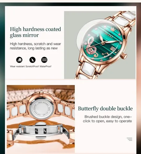 Vista 9 de OLEVS Relojes para mujer, oro rosa, de dos tonos, de moda, de cerámica, blanco, esfera rosa, roja, acero inoxidable, fecha impermeable