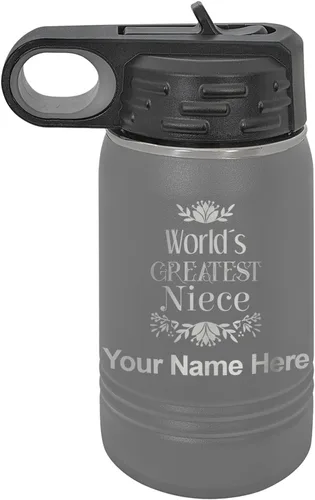 Vista 71 de LaserGram Botella de agua con tapa abatible de doble pared de 12 onzas con pajilla, sobrina más grande del mundo, grabado personalizado incluido