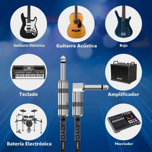 Vista 5 de JOYO Cable para Bajo de Guitarra 15 Pies, Cable de Instrumento de Audio Profesional 1/4 Pulgada, Cable de Amplificador de Ángulo Recto (Negro, CM-12)