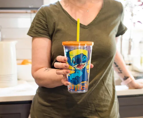 Vista 3 de Disney Lilo & Stitch Taza de carnaval con popote reutilizable, tapa a prueba de fugas, cubos de hielo de plástico, vaso de plástico sin BPA, vaso