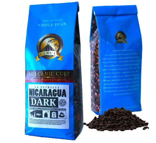 Vista 15 de VANUAT tostado oscuro Culto volcánico orgánico supremo y artesanal grano entero para café por goteo, café frío, café expreso, prensa francesa, café