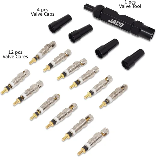 Vista 2 de JACO Presta Kit de reparación de núcleo de válvula para neumáticos de bicicleta con (12X) núcleos de válvula de repuesto, (4X) tapas de válvula