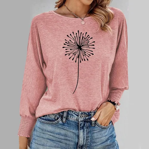 Vista 4 de Womens Casual Long Sleeve Tops Dandelion Print Round Neck T-Shirt Lightweight 2023 Fall Graphic Tee Pullover Tops