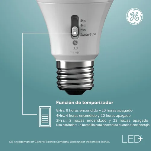 Vista 3 de GE LED+ Timer A19 - Bombillas LED, temporizador automático integrado para interiores, 8 W, blanco suave (paquete de 4) Built-in automatic timer