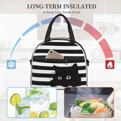 Vista 12 de Perinsto Bolsa de almuerzo a rayas blancas y negras con diseño de gatos, contenedor aislado reutilizable con correa de hombro ajustable, 9 x 5 x 7.8
