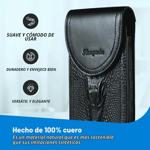 Vista 6 de Funda de cuero genuino para cinturón de teléfono con clip para cinturón, funda para teléfono celular para teléfonos inteligentes grandes de 6.5 Negro