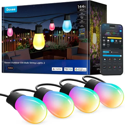 Vista 10 de Govee Guirnalda de luces S14 para exteriores, luces inteligentes RGBIC de 48 pies de color blanco cálido con 15 bombillas LED, 111 modos de escena