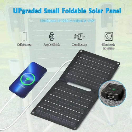Vista 4 de Panel solar portátil (5 V 2 A máx.) con puerto USB-A para teléfono celular, ventilador, linterna, paneles solares impermeables IPX4, cargador solar