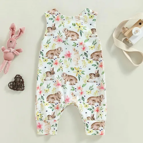 Vista 3 de Traje de Pascua para bebé, niña, niño, estampado de conejo, overol con tirantes a presión, ropa de verano
