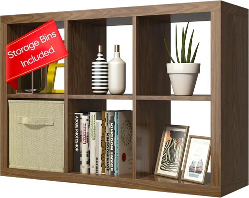 Vista 35 de Estantería con contenedor de almacenamiento, organizador de almacenamiento de 6 cubos, estantería abierta de madera moderna, estante de cubículos
