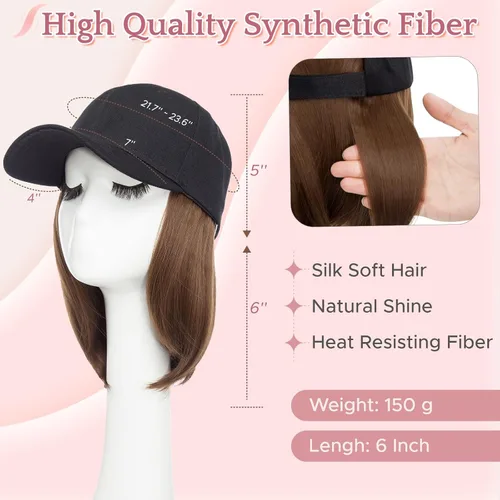 Vista 5 de SEGO Peluca de sombrero, sombrero con cabello adjunto para mujer, gorra de béisbol negra con extensiones de cabello, gorra de béisbol corta