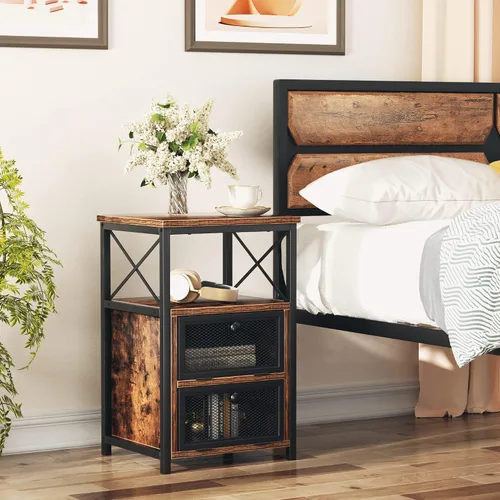 Vista 8 de VECELO Mesa auxiliar auxiliar, mesita de noche moderna con espacio de almacenamiento y puerta, juego de 2 mesitas de noche para sala de estar