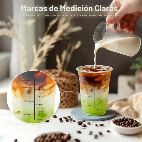 Vista 2 de Paquete de 100 tazas de café helado Ratio Lines de 16 onzas con tapas y popotes, sin adivinar bebidas consistentes, vasos desechables de plástico