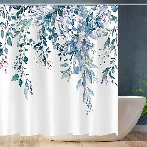 Vista 97 de Tititex - Juego de cortinas de ducha de eucalipto negro, hojas de acuarela gris en la parte superior, con decoración floral de baño, 60 x 72