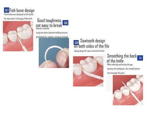 Vista 4 de LBY Palillos de dientes de plástico, palillos interdentales con cepillo y puntas planas de rombo, herramienta de limpieza de dientes caseros