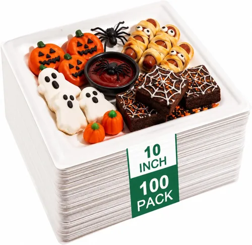 Vista 9 de SUT Paquete de 100 platos compostables naturales sin blanquear con 5 compartimentos, bandejas de papel desechables de 12.5 x 8.6 pulgadas, platos