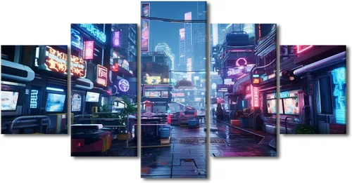 Vista 69 de Póster de 5 paneles en lienzo para decoración de pared, diseño de centro urbano Cyberpunk, impresión moderna, decoración de pared para el hogar