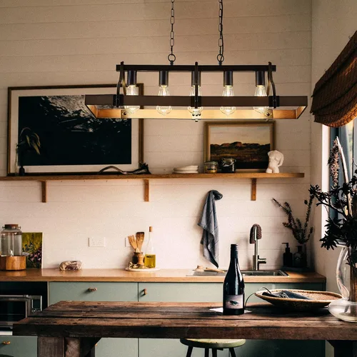 Vista 7 de Candelabros de granja para comedor, lámpara rústica de isla de cocina de 5 luces, techo rectangular industrial industrial negro