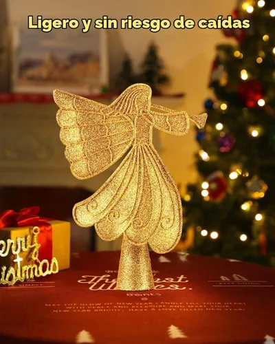 Vista 6 de Punta de árbol de Navidad con ángel y proyector LED de copo de nieve integrado, estrella de pentagrama hueca con lentejuelas doradas, adorno Ángulo