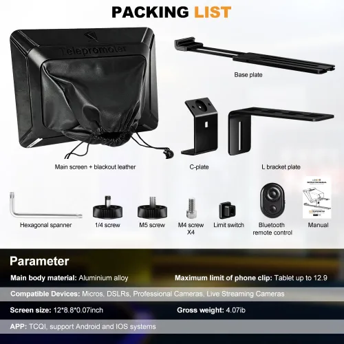 Vista 6 de Teleprompter para cámaras iPad Tablet, LENSGO TC12 14.5 pulgadas de aluminio Prompter App compatible con iOS/Android, indicador profesional