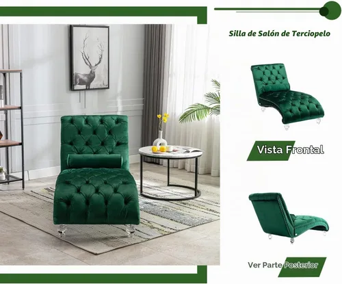 Vista 5 de Tumbona de terciopelo con almohada, moderna silla de descanso con botones copetudos con patas acrílicas, silla tapizada para interiores para sala
