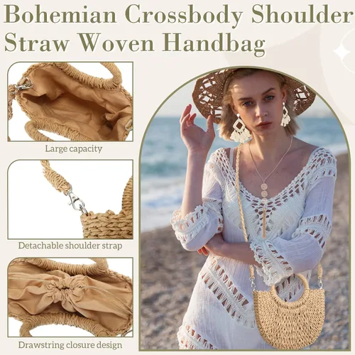 Vista 3 de Cunno Juego de bolsas de paja para mujer, diseño de embrague tejido de vacaciones 2024, bolso cruzado de verano, bolsos de hombro bohemios, aretes