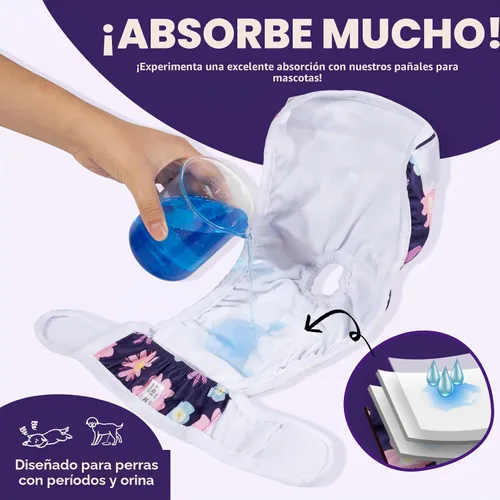 Vista 3 de Pet Soft Pañales Lavables para Hembras (Paquete de 3) Pañales para Perras, Pañales Cómodos Reutilizables para Perras en Período de Celo (Bloom, XS)