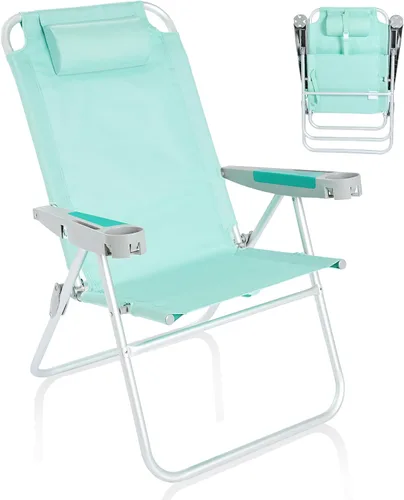 Vista 20 de SUNNYFEEL Silla de playa alta para adultos, sillas plegables de asiento Azul