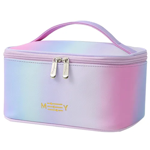 Vista 26 de Bolsa de maquillaje pequeña para mujeres, con cremallera, organizador, impermeable, bonita (azul claro)
