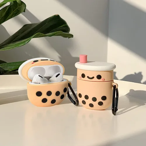 Vista 6 de Funda protectora de silicona para Airpods con llavero, diseño de té con leche Boba rosa femenino, a prueba de golpes, compatible con AirPods 1 y 2