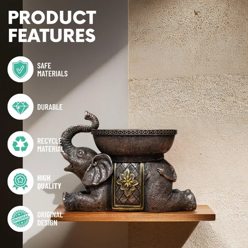 Vista 2 de Escultura de resina decorativa de elefante con bandeja, figura de animal de estilo antiguo para el hogar, oficina, estantería, soporte de TV, regalo