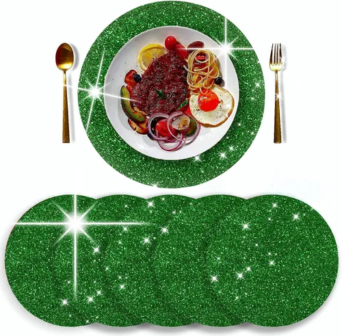 Vista 11 de Juego de 4 manteles individuales negros de cuero brillante con purpurina de 15.4 pulgadas para decoración de fiestas, bodas, día de Acción