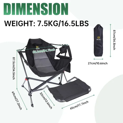 Vista 3 de Nice C Hamaca mecedora silla de camping (1, negro con reposapiés) Respaldo alto, con soporte, reposapiés, portavasos, bolsillo lateral, resistente