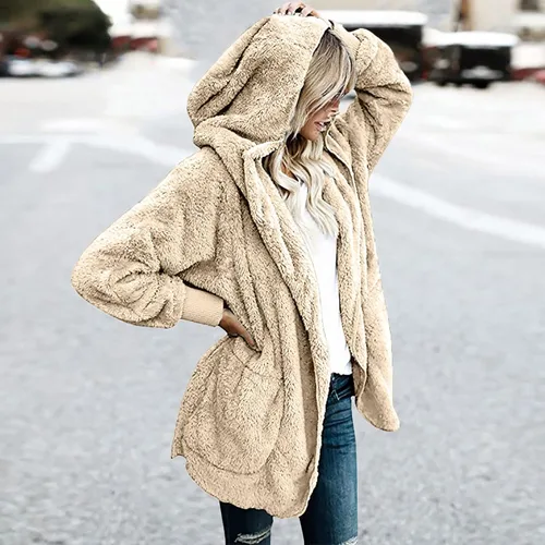 Vista 5 de Womens Jackets Open Front Hooded Coat Oversized Pocket Cardigan Long Sleeve Plush Clothes Warm Pullover Winter Outfits