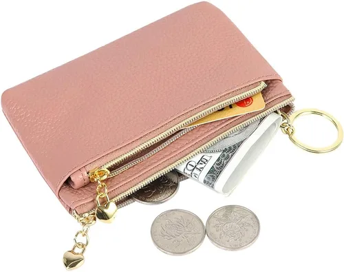 Vista 3 de Monedero de cuero genuino para mujer, con cremallera, tamaño de bolsillo, rosa oscuro