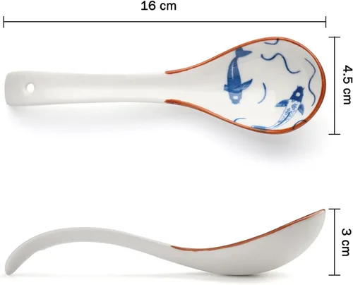 Vista 2 de Juego de 4 cucharas de sopa chinas, cucharas coreanas de porcelana para albóndigas de cereales de fideos Pho